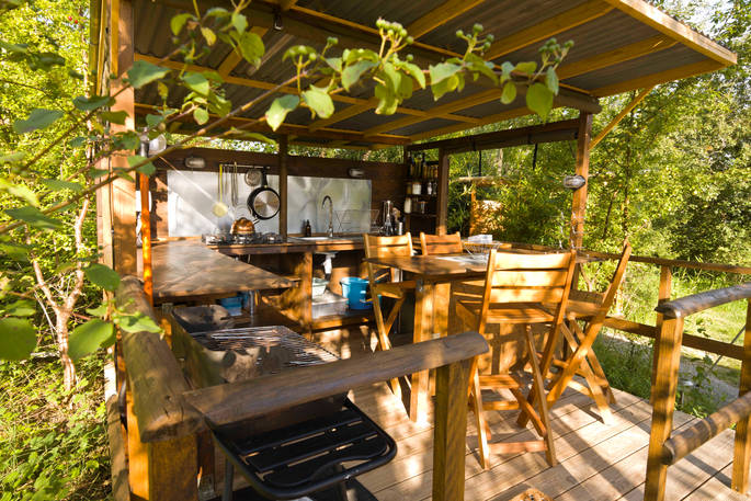 Outdoor sheltered kitchen area for Mount Kenya at Le Camp in France 