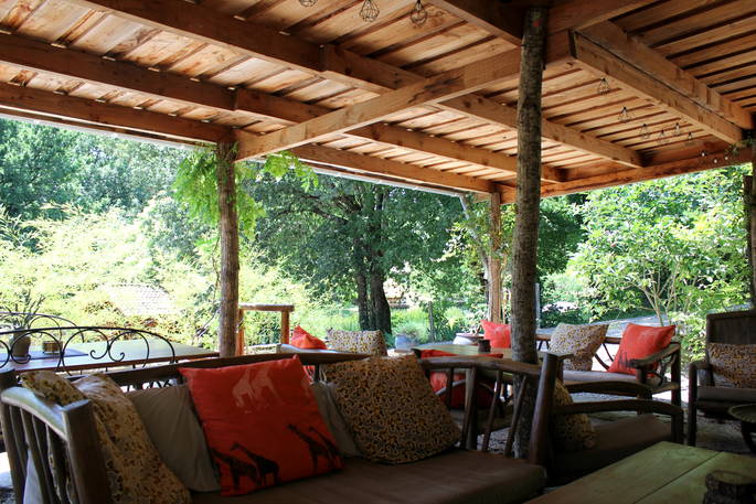 Sofa seating area for guests to use at Le Camp in France 