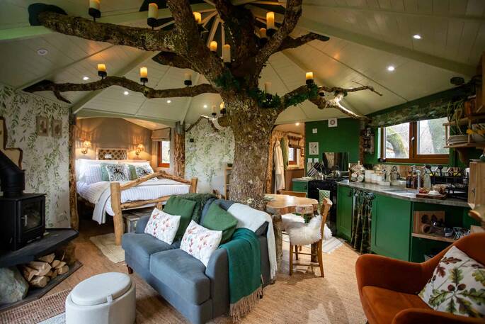 Open plan interior with the tree running through