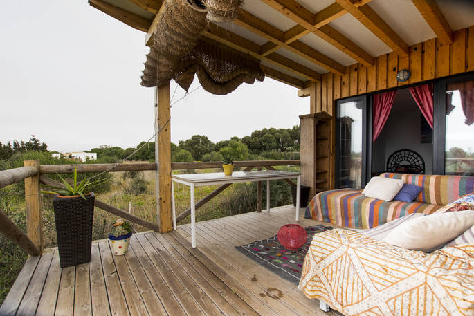 Magic on Stilts cabin balcony, Magic Ranch, El Palmar, Cádiz, Spain