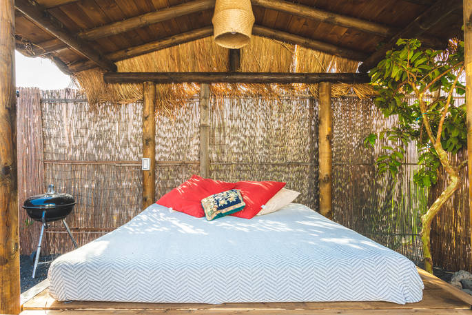 Eco Palm Yurt outdoor bed, glamping, Finca de Arrieta, Haría, Lanzarote, Spain