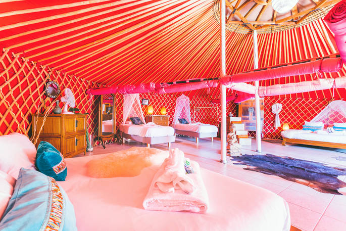 Yurt Royale interior, glamping, Finca de Arrieta, Haría, Lanzarote, Spain